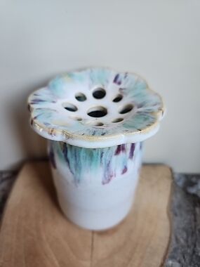 Handmade Ceramic Flower Frog Vase - White with Teal & Purple Drips